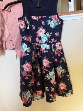 Girls Navy Floral Fit-and-Flare Dress with Pink & Blue Roses